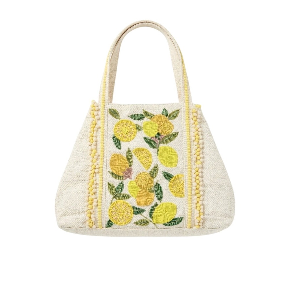 America & Beyond Lemonade Tote Bag Women XL Yellow Beaded Pom Pom Limited Ed